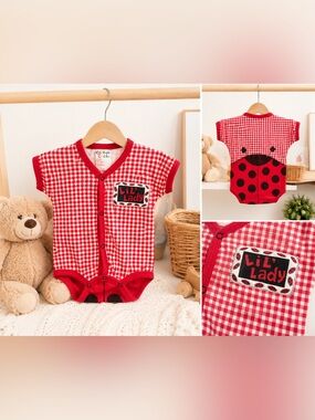Vintage Cotton Club “LiL’ Lady” Ladybug Gingham Baby Bodysuit 3-6M Cottagecore